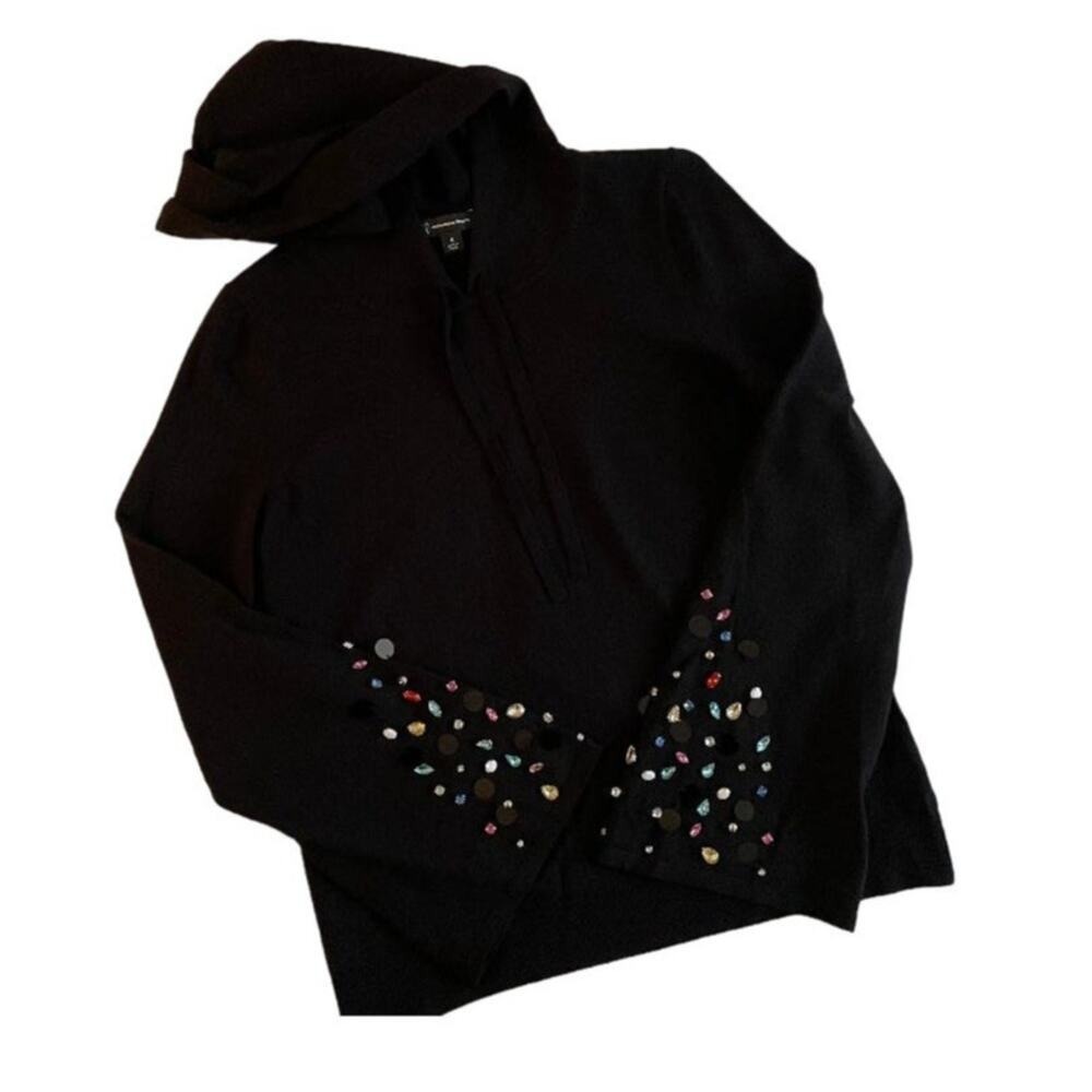 INC International‎ Concepts Black Jewel Embellished Bell Sleeve Knit Hoodie M